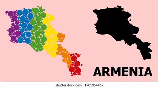 Rainbow vibrant pattern vector map of Armenia for LGBT, and black version. Geographic concept map of Armenia is designed from randomized circle spots.