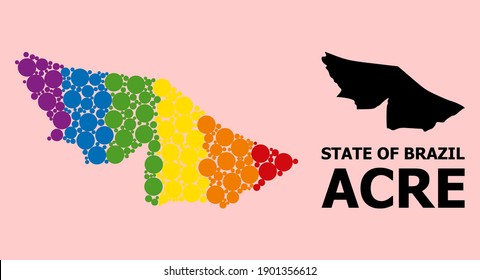 Rainbow vibrant pattern vector map of Acre State for LGBT, and black version. Geographic concept map of Acre State is constructed with scattered round spheric spots.