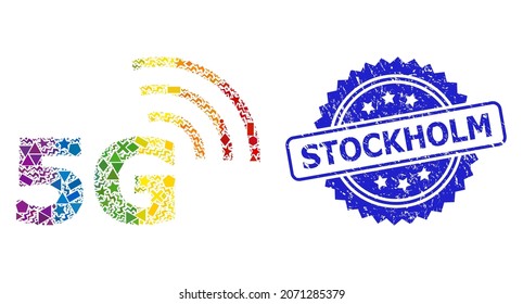 Rainbow vibrant vector 5G symbol mosaic for LGBT, and Stockholm scratched rosette seal imitation. Blue stamp seal has Stockholm caption inside rosette.