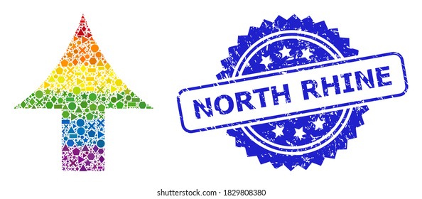 Rainbow vibrant vector up arrow mosaic for LGBT, and North Rhine textured rosette stamp. Blue stamp has North Rhine text inside rosette.