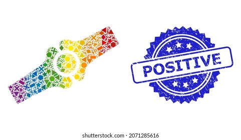 Rainbow vibrant vector artificial bone joint collage for LGBT, and Positive unclean rosette stamp. Blue stamp has Positive text inside rosette.