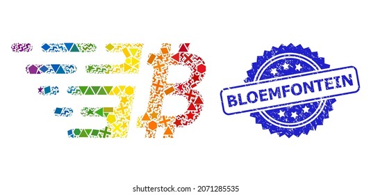 Rainbow vibrant vector bitcoin collage for LGBT, and Bloemfontein grunge rosette seal. Blue stamp seal includes Bloemfontein tag inside rosette.