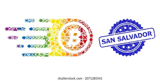 Rainbow vibrant vector bitcoin mosaic for LGBT, and San Salvador textured rosette stamp seal. Blue stamp seal includes San Salvador tag inside rosette.
