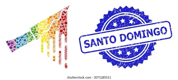 Rainbow vibrant vector bloody knife mosaic for LGBT, and Santo Domingo rubber rosette stamp seal. Blue stamp contains Santo Domingo tag inside rosette.