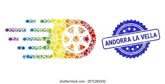 Rainbow vibrant vector bolide wheel mosaic for LGBT, and Andorra La Vella textured rosette stamp seal. Blue seal has Andorra La Vella caption inside rosette.