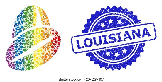 Rainbow vibrant vector cacao beans collage for LGBT, and Louisiana corroded rosette stamp seal. Blue seal includes Louisiana tag inside rosette.