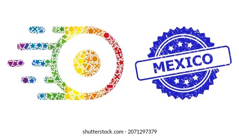 Rainbow vibrant vector core flight collage for LGBT, and Mexico scratched rosette stamp. Blue stamp seal contains Mexico title inside rosette.