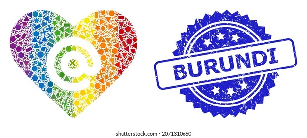 Collage del discurso del corazón vibrante del vector arcoiris para LGBT, y sello del sello de la roseta grunge de Burundi. El sello azul contiene la leyenda de Burundi dentro de la roseta.