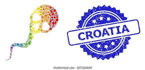 Rainbow vibrant vector dead sperm collage for LGBT, and Croatia unclean rosette stamp seal. Blue stamp has Croatia text inside rosette.