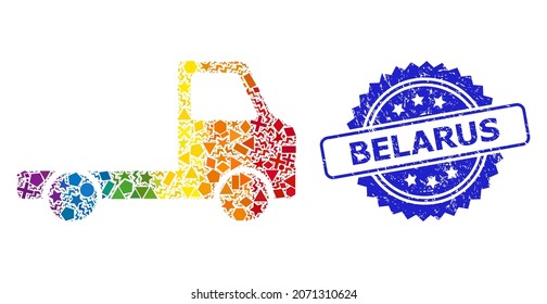 Rainbow vibrant vector delivery car chassi mosaic for LGBT, and Belarus scratched rosette stamp seal. Blue seal contains Belarus tag inside rosette.