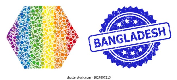 Rainbow vibrant vector filled hexagon collage for LGBT, and Bangladesh dirty rosette seal. Blue stamp seal includes Bangladesh text inside rosette.