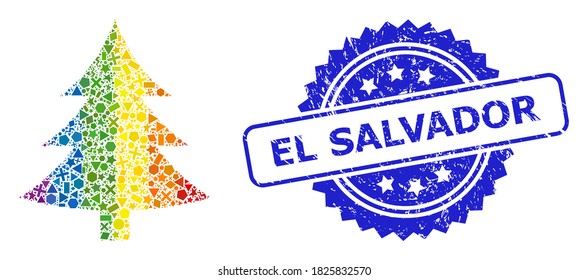 Rainbow vibrant vector fir tree mosaic for LGBT, and El Salvador dirty rosette seal print. Blue stamp seal has El Salvador title inside rosette.