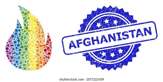 Rainbow vibrant vector fire collage for LGBT, and Afghanistan grunge rosette stamp seal. Blue seal includes Afghanistan title inside rosette.