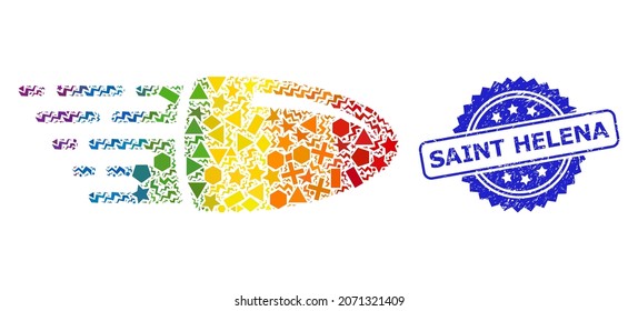 Mosaico de balas voladoras del arco iris vibrante para LGBT, y sello de sello de rosette impuro en Santa Elena. El sello azul tiene el título de Santa Elena dentro de la roseta.