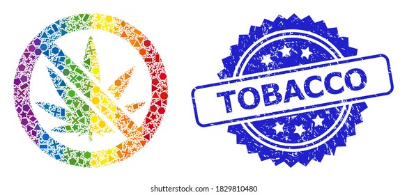 Rainbow vibrant vector forbidden cannabis collage for LGBT, and Tobacco grunge rosette stamp. Blue stamp seal has Tobacco tag inside rosette.