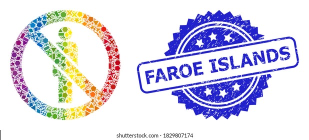 Rainbow vibrant vector forbidden man collage for LGBT, and Faroe Islands grunge rosette seal. Blue seal contains Faroe Islands caption inside rosette.