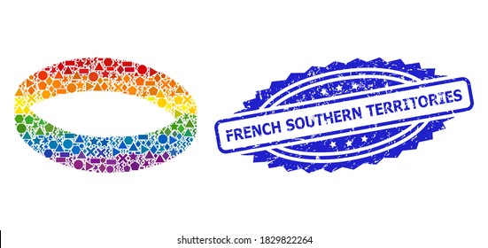 Rainbow vibrant vector gold ring mosaic for LGBT, and French Southern Territories scratched rosette stamp seal. Blue stamp seal includes French Southern Territories title inside rosette.