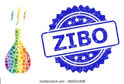 Rainbow vibrant vector incense vial collage for LGBT, and Zibo rubber rosette stamp seal. Blue stamp contains Zibo text inside rosette.