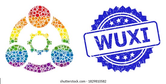 Rainbow vibrant vector industrial collaboration mosaic for LGBT, and Wuxi rubber rosette seal imitation. Blue seal includes Wuxi tag inside rosette.