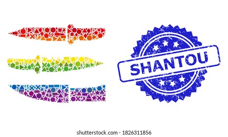 Collage de cuchillos vectoriales vibrantes del arcoiris para LGBT, y sello de marca de rosette grunge Shantou. El sello azul incluye la leyenda Shantou dentro de la roseta.