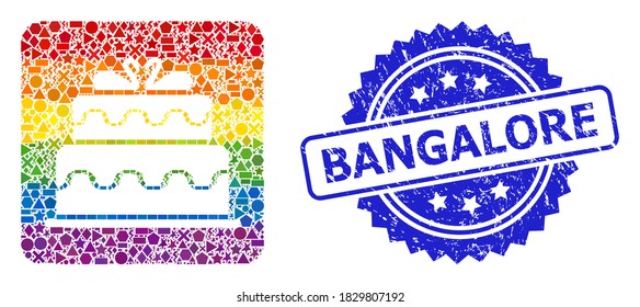 Rainbow lebendige Vektor Ehe Kuchen Collage für LGBT und Bangalore korrodierte Rosette Stempel. Die blaue Stempelrobbe enthält die Überschrift von Bangalore innerhalb der Rosette.