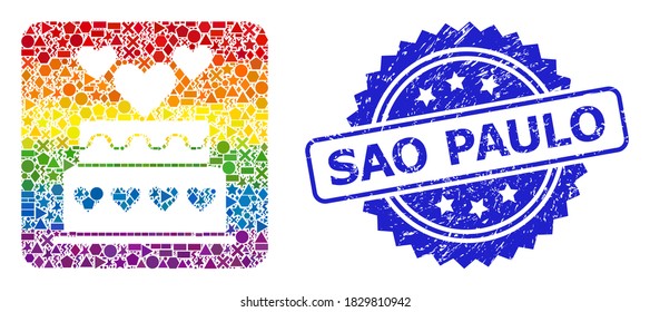 Rainbow vibrant vector marriage cake mosaic for LGBT, and Sao Paulo corroded rosette stamp seal. Blue stamp seal contains Sao Paulo title inside rosette.