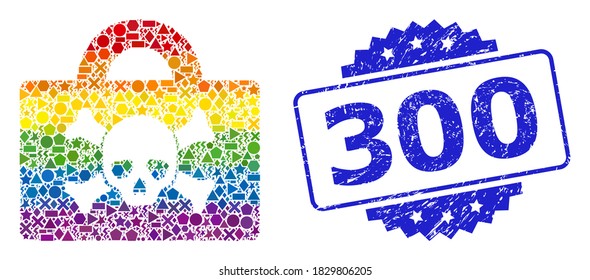 Collage del caso mortal del vector vibrante del arcoiris para LGBT, y 300 imitación corroída del sello de rosette. El sello azul contiene 300 leyendas dentro de la roseta.