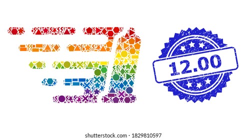 Mosaico conservante del vector vibrante del arcoiris para LGBT, y sello de sello de rosette texturizado de 12.00. El sello azul tiene 12.00 subtítulos dentro de la roseta.