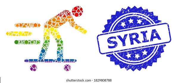 Rainbow vibrant vector scate roller man collage for LGBT, and Syria dirty rosette seal. Blue stamp seal contains Syria text inside rosette.