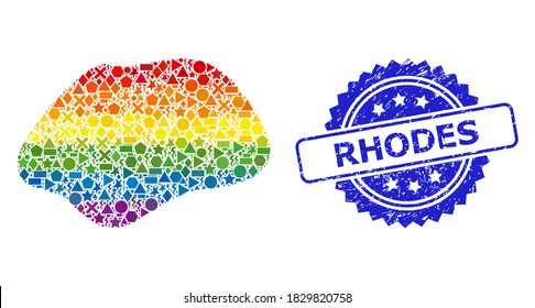 Rainbow vibrant vector spot simple collage for LGBT, and Rhodes rubber rosette stamp. Blue stamp includes Rhodes title inside rosette.