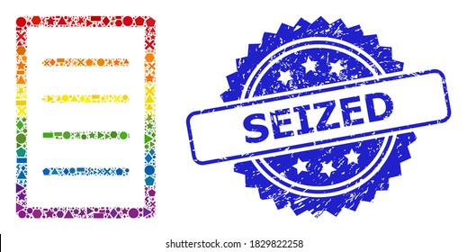 Rainbow vibrant vector text page collage for LGBT, and Seized textured rosette stamp. Blue stamp seal contains Seized caption inside rosette.