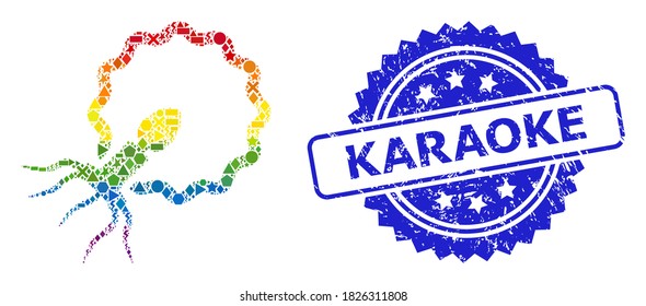 Virus vectorial vibrante arco iris penetrando mosaico celular para LGBT, y imitación de sello de rosette corroido en Karaoke. El sello azul tiene el texto de Karaoke dentro de la roseta.