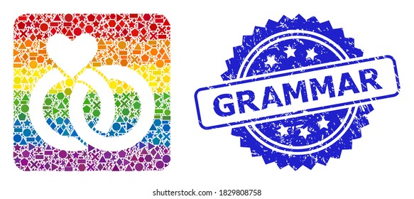 El arcoiris vibrante anillos de boda vectorial mosaico para LGBT, y el sello de rosette sucio de Grammar. El sello azul incluye la leyenda Grammar dentro de la roseta.
