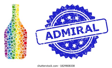 Rainbow vibrant vector wine bottle collage for LGBT, and Admiral textured rosette stamp. Blue stamp contains Admiral title inside rosette.
