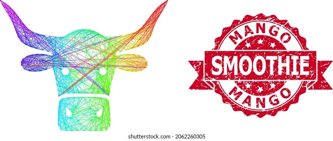 Rainbow vibrant wire frame beef head, and Mango Smoothie scratched ribbon seal imitation. Red seal has Mango Smoothie text inside ribbon.Geometric hatched frame flat network based on beef head icon,