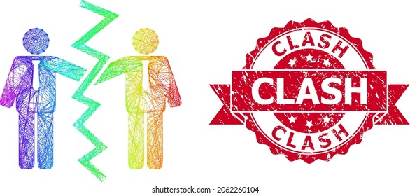 Rainbow vibrant wire frame businessmen divorce, and Clash unclean ribbon seal print. Red seal includes Clash title inside ribbon.Geometric linear frame 2D net based on businessmen divorce icon,