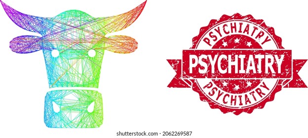 Rainbow vibrant wire frame cow head, and Psychiatry unclean ribbon stamp seal. Red stamp seal has Psychiatry text inside ribbon.Geometric hatched carcass flat network based on cow head icon,