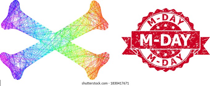 Rainbow vibrant wire frame crossing bones, and M-Day scratched ribbon seal print. Red stamp seal contains M-Day tag inside ribbon.Geometric hatched frame 2D net based on crossing bones icon,