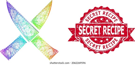 Rainbow vibrant wire frame crossing knives, and Secret Recipe dirty ribbon seal print. Red seal contains Secret Recipe caption inside ribbon.