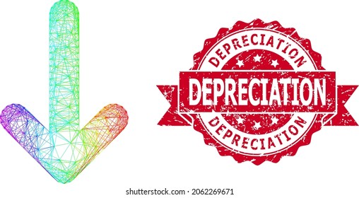Rainbow vibrant wire frame down arrow, and Depreciation textured ribbon stamp seal. Red seal includes Depreciation title inside ribbon.Geometric wire frame 2D network based on down arrow icon,
