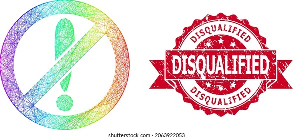 Rainbow vibrant wire frame forbidden exclamation, and Disqualified scratched ribbon stamp. Red stamp seal has Disqualified tag inside ribbon.