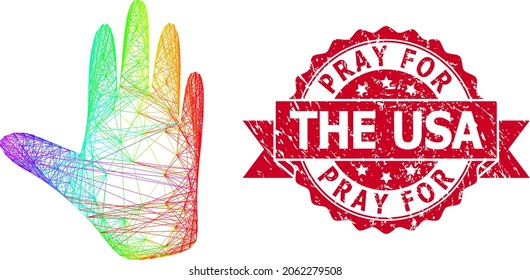 Rainbow vibrant wire frame hand, and Pray For The USA unclean ribbon seal imitation. Red stamp seal includes Pray for the USA tag inside ribbon.Geometric wire frame flat net based on hand icon,
