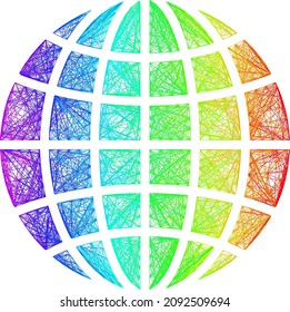 Rainbow vibrant wire frame LGBT world. Geometric wire frame 2D net based on LGBT world icon, generated with intersected lines, with rainbow gradient.