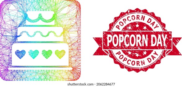 Torta de matrimonio con marco de alambre vibrante arco iris y marca de agua de cinta rasgada en el Día del Popcorn. El sello rojo incluye el título del Día del Popcorn dentro de la cinta.Red de alambre geométrico 2D basada en el icono del pastel de matrimonio,