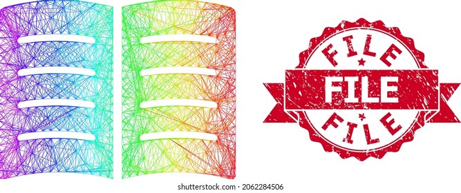 Rainbow vibrant wire frame open book, and File unclean ribbon watermark. Red seal has File title inside ribbon.Geometric wire carcass flat network based on open book icon,