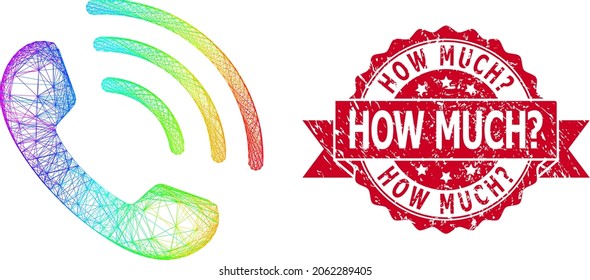 Rainbow vibrant wire frame phone call, and How Much Ask dirty ribbon seal print. Red stamp contains How Much Ask text inside ribbon.Geometric wire frame 2D net based on phone call icon,