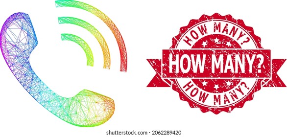 Rainbow vibrant wire frame phone call, and How Many Ask dirty ribbon seal. Red stamp seal includes How Many Ask caption inside ribbon.Geometric wire carcass flat net based on phone call icon,