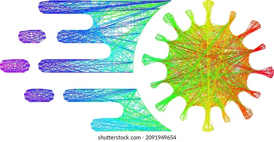 Virus de ráfaga de armazón de alambre vibrante arco iris. Red plana de marco con rayado geométrico basada en un icono de virus de alta velocidad, generado con líneas cruzadas, con gradiente de espectro.