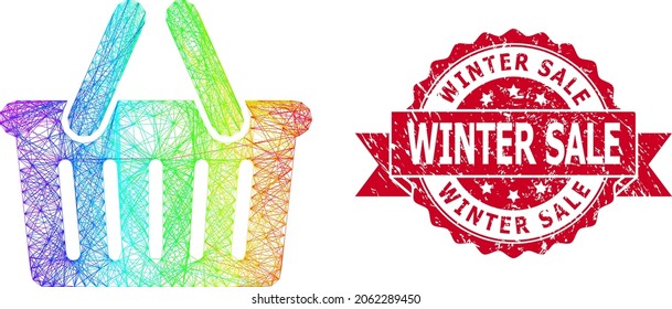 Rainbow vibrant wire frame shopping basket, and Winter Sale scratched ribbon stamp seal. Red stamp seal has Winter Sale title inside ribbon.