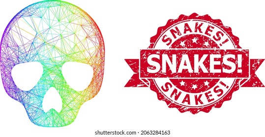 Rainbow vibrant wire frame skull, and Snakes Exclamation corroded ribbon watermark. Red seal contains Snakes Exclamation title inside ribbon.Geometric linear frame 2D net based on skull icon,